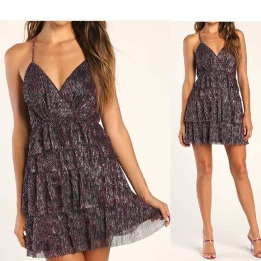 Lulus Women's Mini Party Magenta Metallic Tiered Dress Cocktail Fairy Whimsy